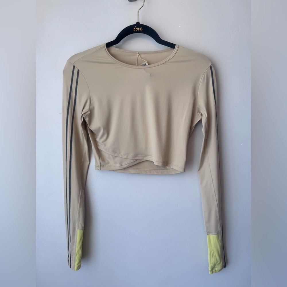 P.E Nation Tan Crop Top with Crew Neck and Yellow Accents​